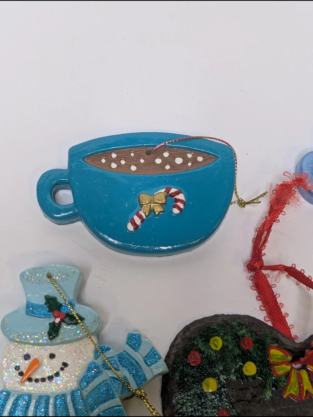 Hand Crafted teal blue brown Christmas Ornament Set